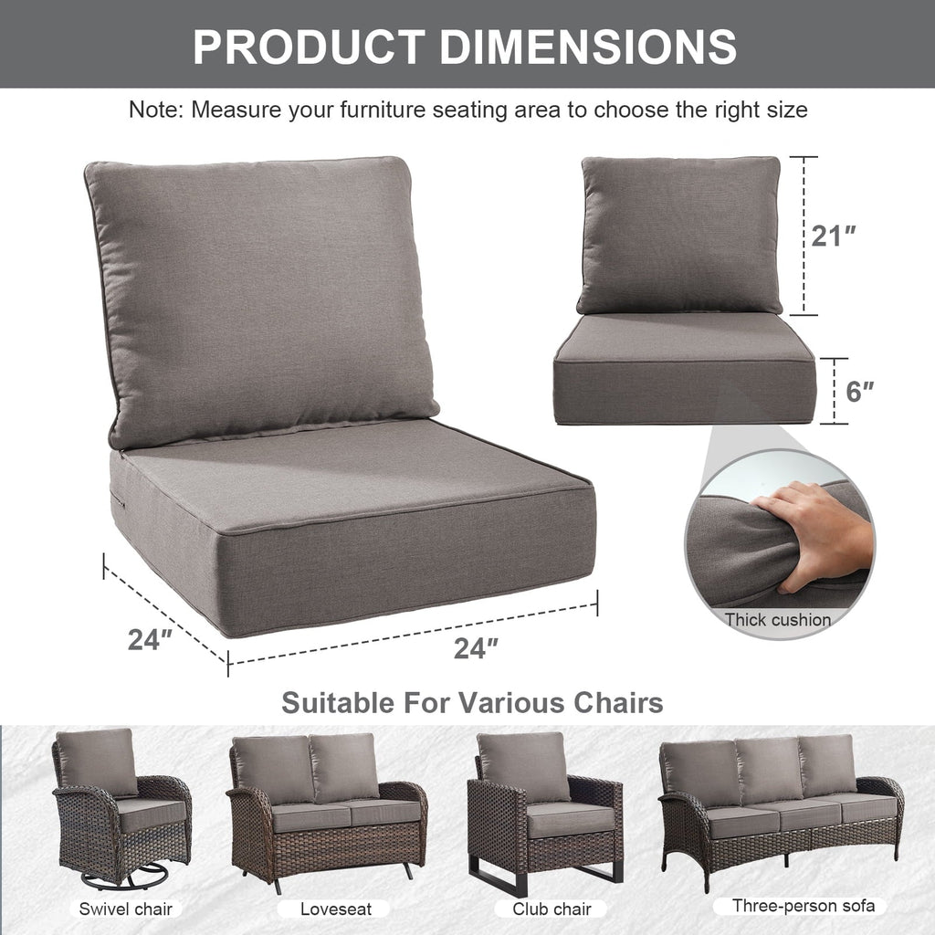 Bellefurn Outdoor Deep Seat Cushion 24 X 24 X 6 inch for Patio Furniture,Outdoor Chair Cushions Waterproof & Fade Resistant Patio Furniture Cushions for Wicker Chair, Sofa, Couch