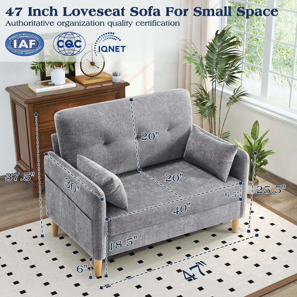 BedLuxury 47'' Wide LoveSeat, 2-seat Chenille sofa with 2 Pillows for Living Room and Small Spaces, Dark Grey