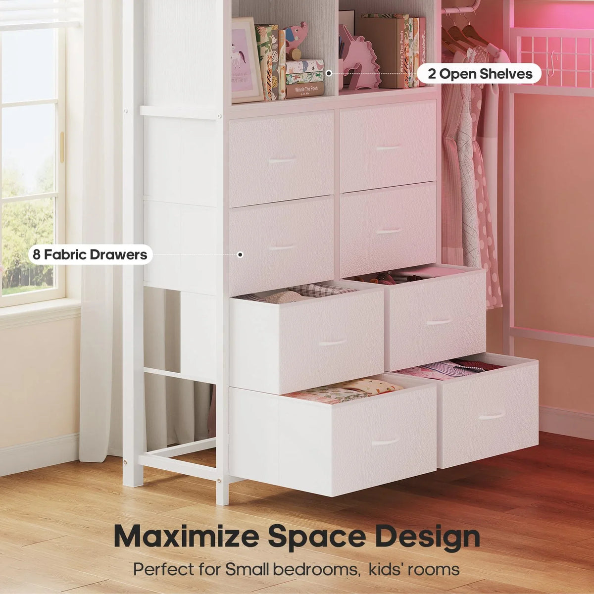 Afuhokles Twin Size Loft Bed with Desk and 8 Storage Drawers and Charging Station, Metal Loft Bed Twin with LED Lights, Storage Shelves, Black
