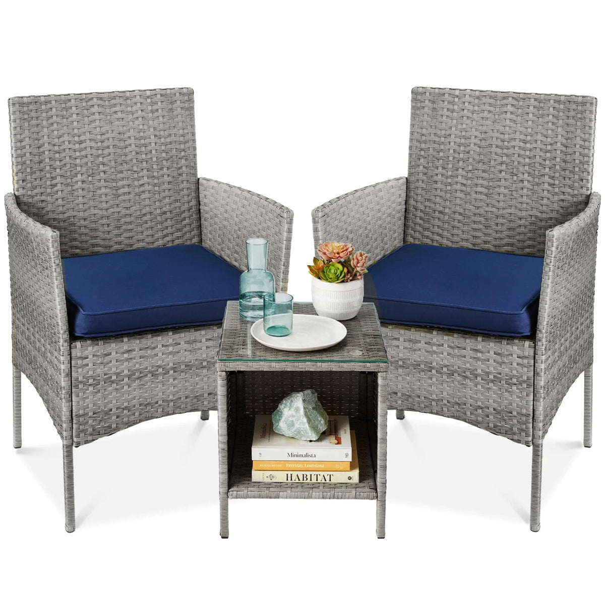 Best Choice Products 3-Piece Outdoor Wicker Conversation Patio Bistro Set, w/ 2 Chairs, Table - Gray/Navy