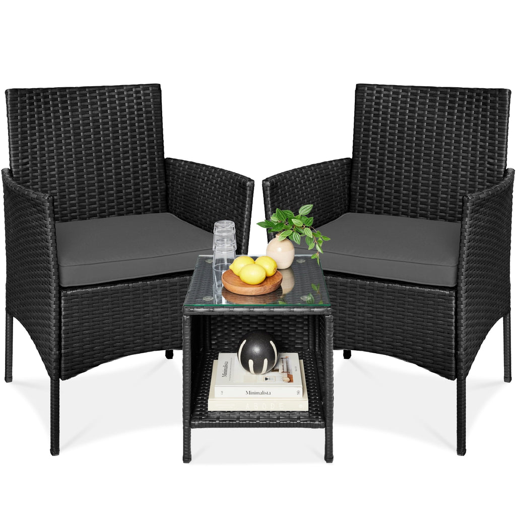 Best Choice Products 3-Piece Outdoor Wicker Conversation Patio Bistro Set, w/ 2 Chairs, Table - Gray/Navy
