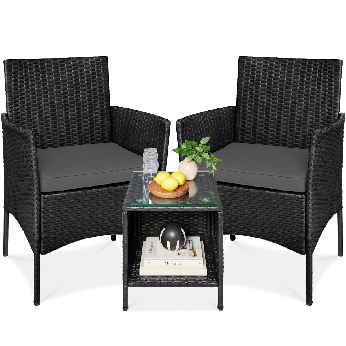 Best Choice Products 3-Piece Outdoor Wicker Conversation Patio Bistro Set, w/ 2 Chairs, Table - Gray/Navy