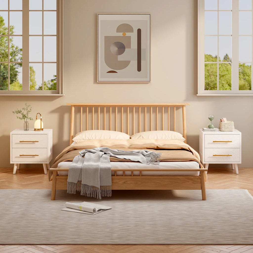 Bedroom Furniture Set - Includes Queen Bed Frame, Nightstands Set of 2, 5-Drawer Dresser & Vanity Desk - Modern Storage Solution for Stylish Home Decor, Beige/White