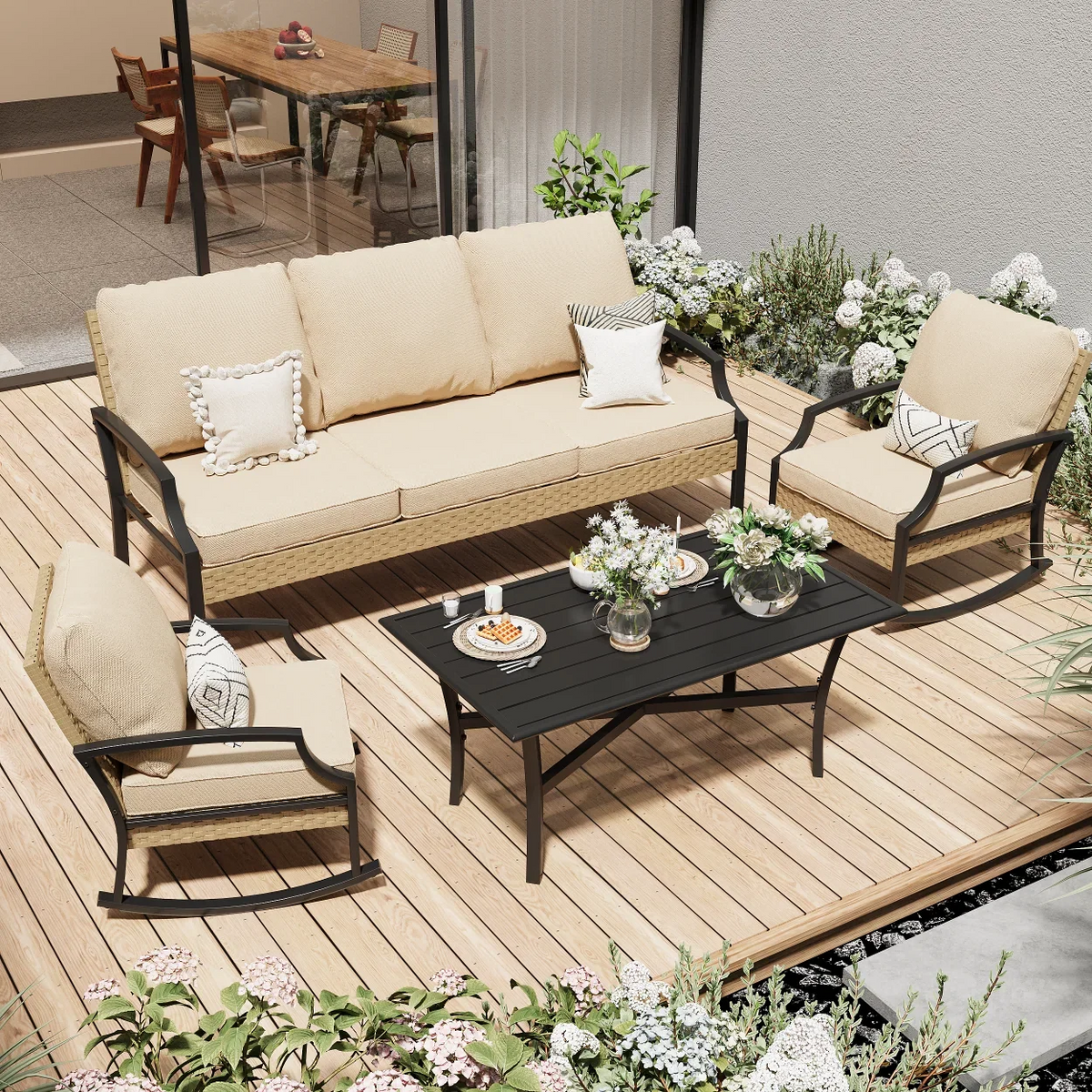 AECOJOY Patio Furniture Sets On Sale,Metal Outdoor Furniture Sets Clearance,Wicker Rattan Patio Conversation Sets For Porch, Garden and Backyard,Beige