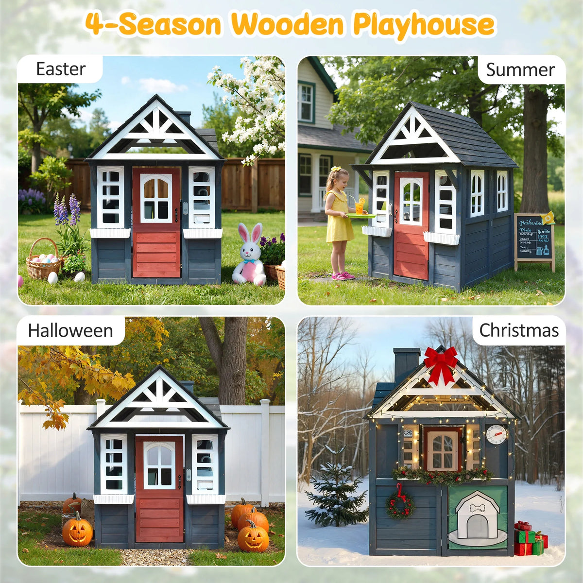COCLUB Outdoor Playhouse for Kids Ages 4-8, Wooden Play House with Doorbell, Phone, Kitchen Toys, Outdoor Kids Play Equipment, Casa Para Niñas (45”L x 65”H), White & Black