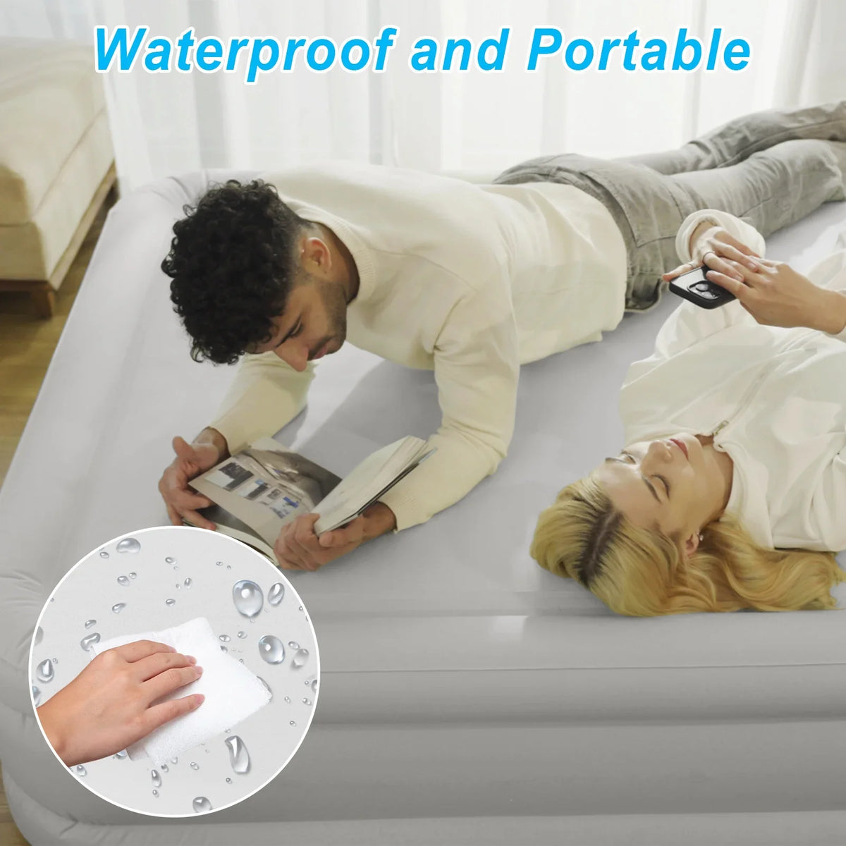 Air Mattress Queen with Built in Pump,Blow Up Mattress with Fiber-Tech, Inflatable Camping Bed, 3-Min Self Inflating with Carrying Bag (18��White Grey)