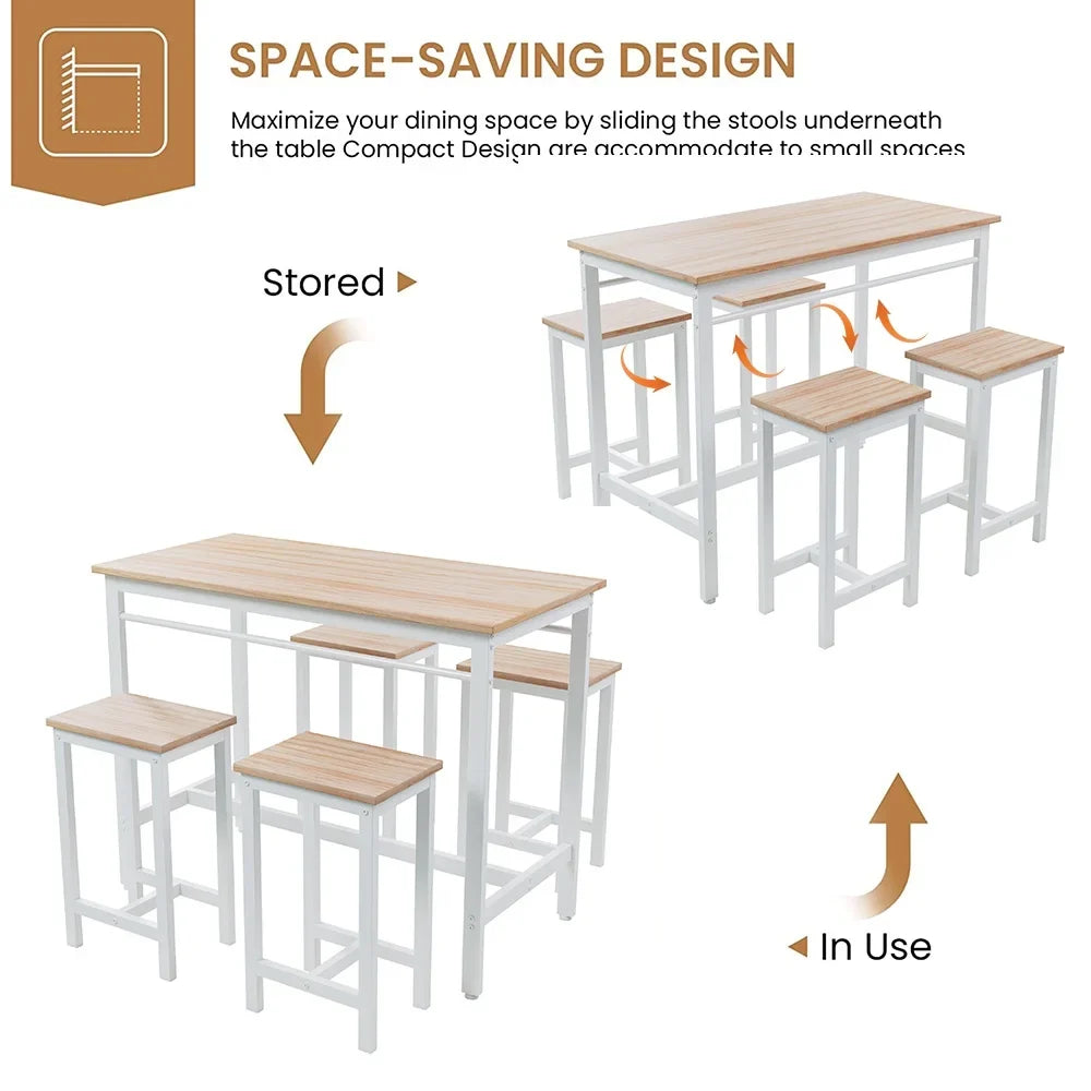 Counter Height Table Set of 5, Breakfast Bar Table and Stool Set, Minimalist Dining Table with Backless Stools, Wood Top Pub Table & Chair Set for Kitchen Apartment Bistro - Space Saving