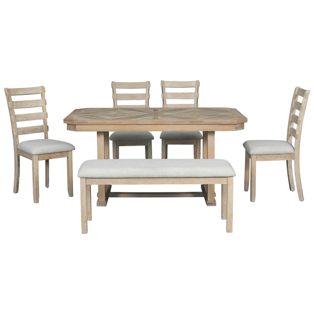 Bellemave 6-Piece Dining Table Set, Rubber Wood Rectangular Kitchen Table Set for 6, Farmhouse Dining Table Set with 4 Upholstered Chairs and Bench (Gray)