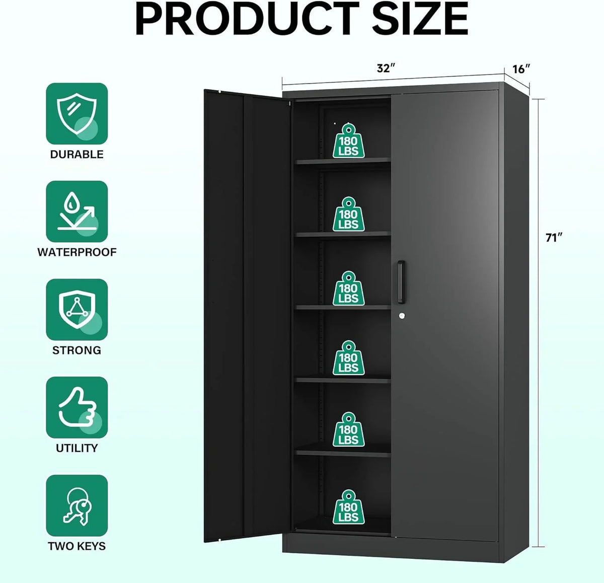 CQAOE 71" Metal Storage Cabinet with Lock, 5 Adjustable Shelves and 2 Doors, Steel Utility Cabinet for Garage, Office, Home, Gym, or School - Black