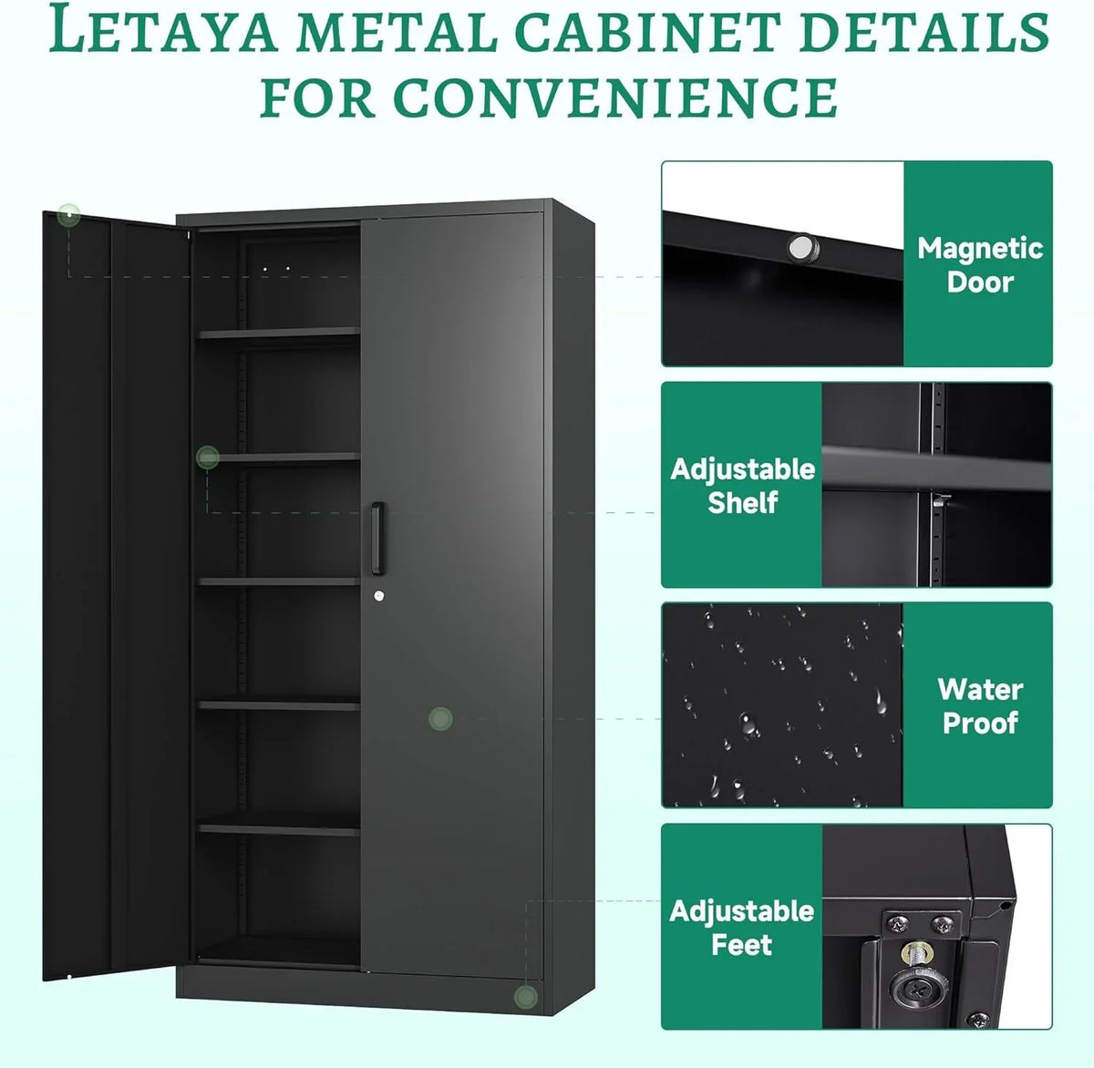 CQAOE 71" Metal Storage Cabinet with Lock, 5 Adjustable Shelves and 2 Doors, Steel Utility Cabinet for Garage, Office, Home, Gym, or School - Black