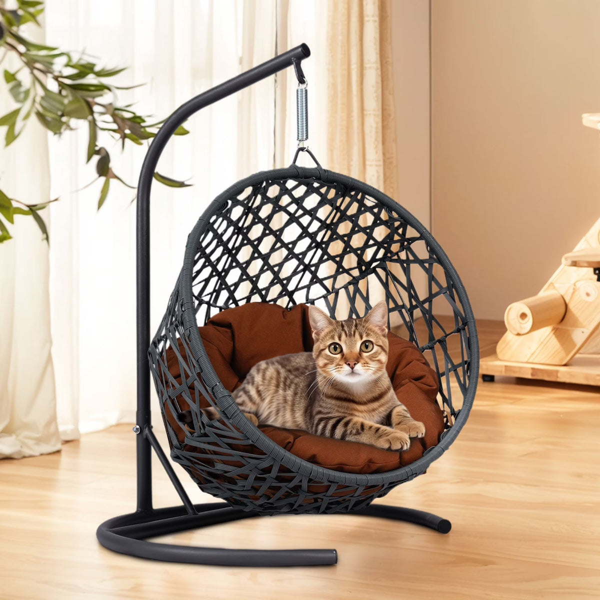 Cat Swing Bed with Stand & Cushion, Cat Egg Chair with Rattan Wicker Appearance, Indoor Hanging Swinging Cat Bed