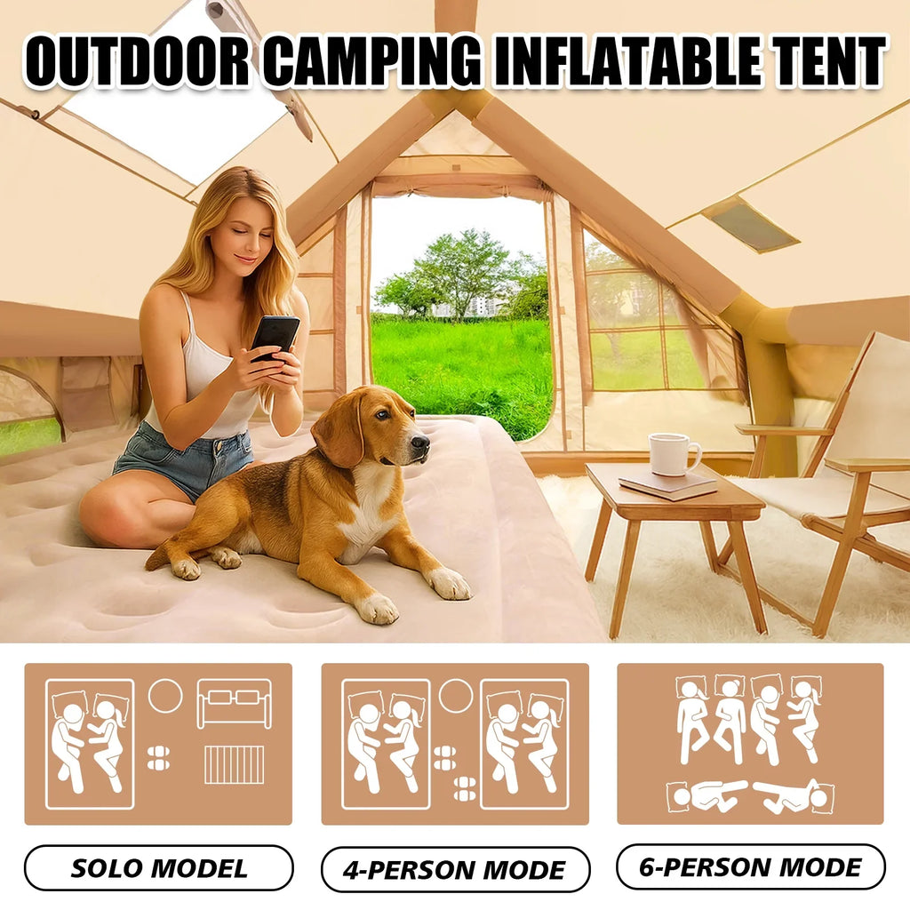 9.8' x 7' Inflatable Camping Tent,4 Season Blow up Tents for Camping, 4-6 Person Inflatable Tent with Stove Jack,Air Tents,Glamping Tent,Waterproof Luxury House with Mesh Window