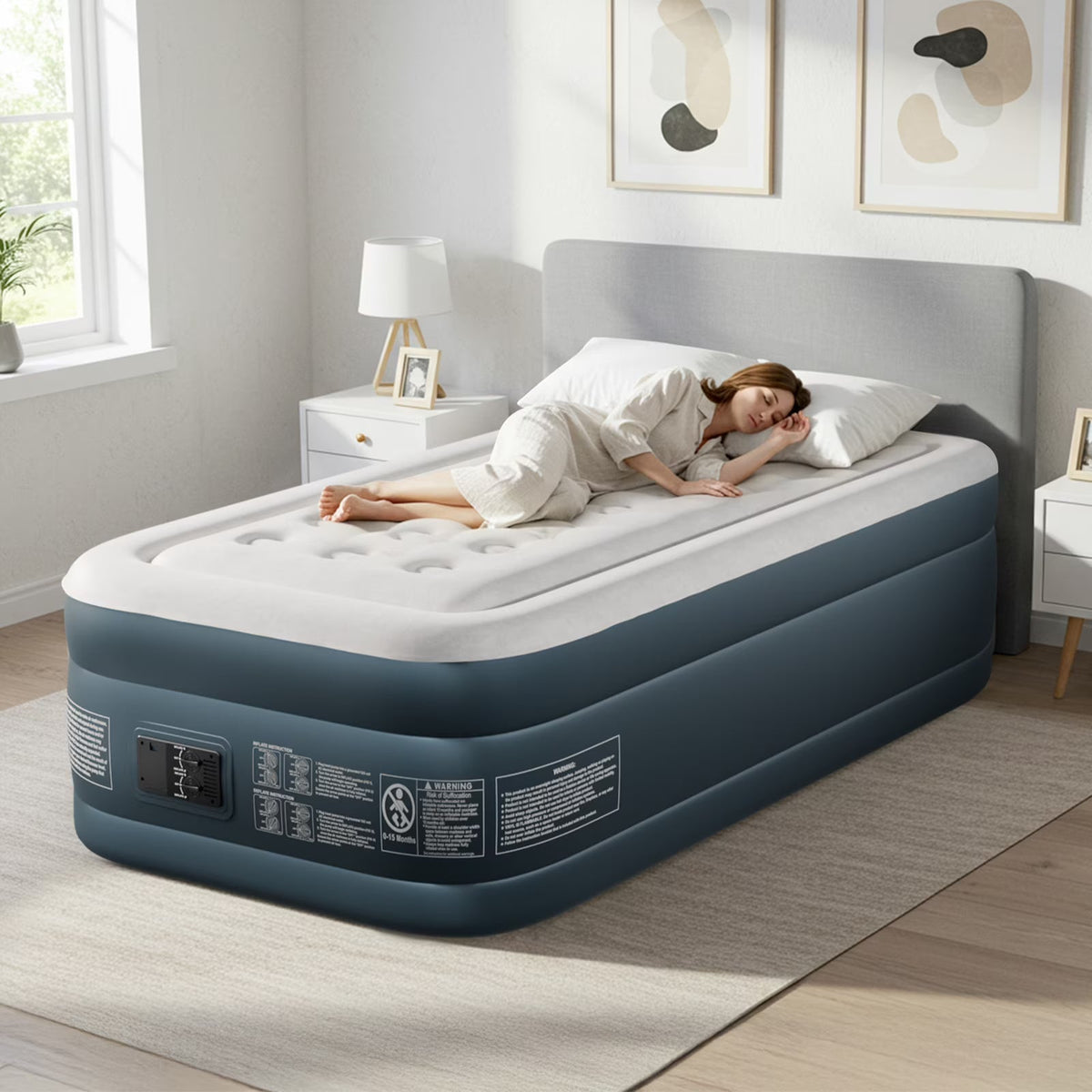 Zimtown 18" Twin Air Mattress with Two Chamber, Elevated Inflatable Bed with Built-in Pump, Protable Airbed for Outdoor Indoor Camping, Gray & White