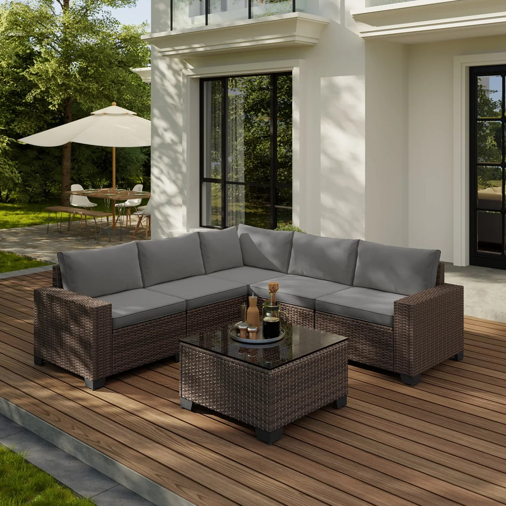 Aiho 7-Piece Rattan Patio Furniture Set , Outdoor Sectional Furniture Set for Patio, Garden, Backyard, Grey