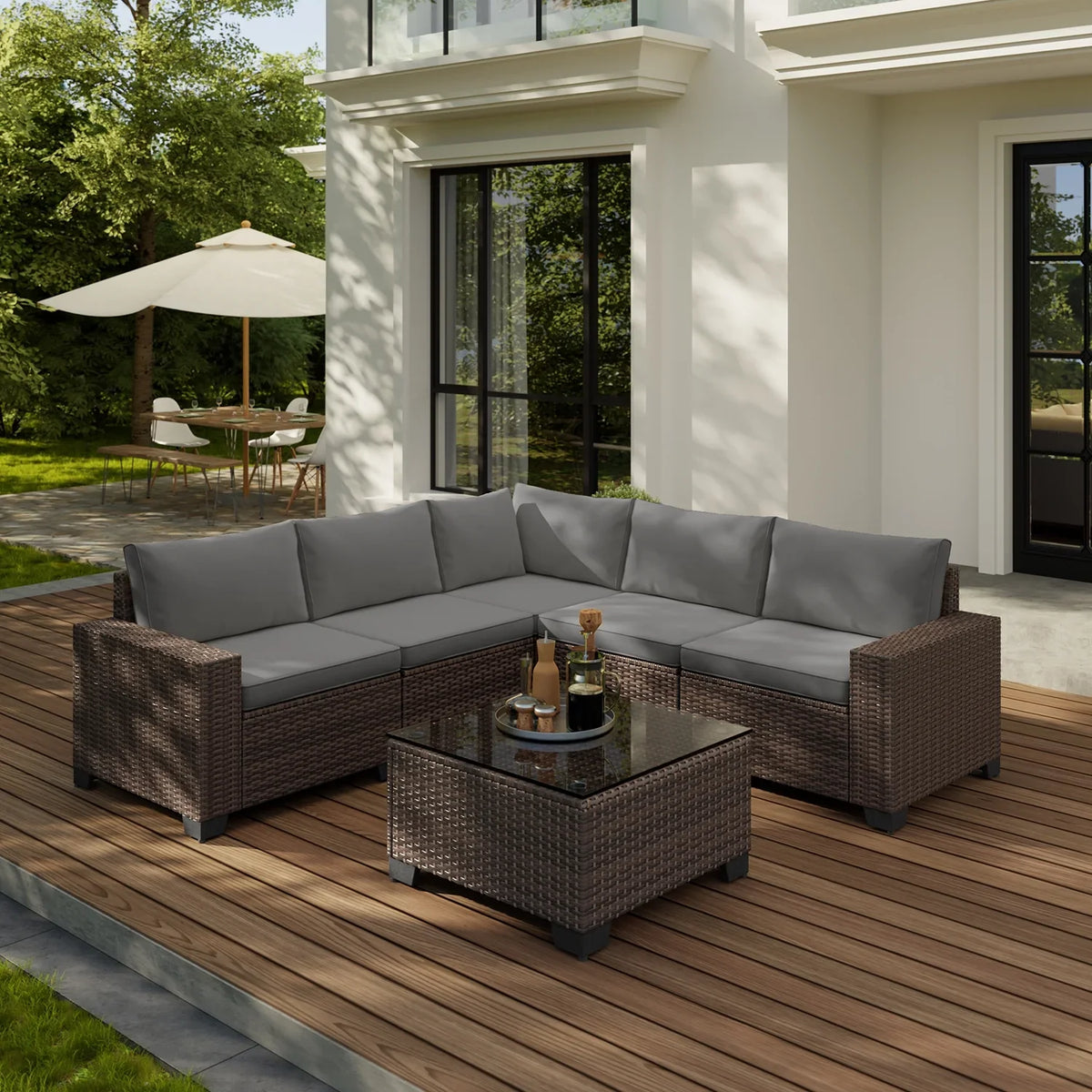 Aiho 7-Piece Rattan Patio Furniture Set , Outdoor Sectional Furniture Set for Patio, Garden, Backyard, Grey