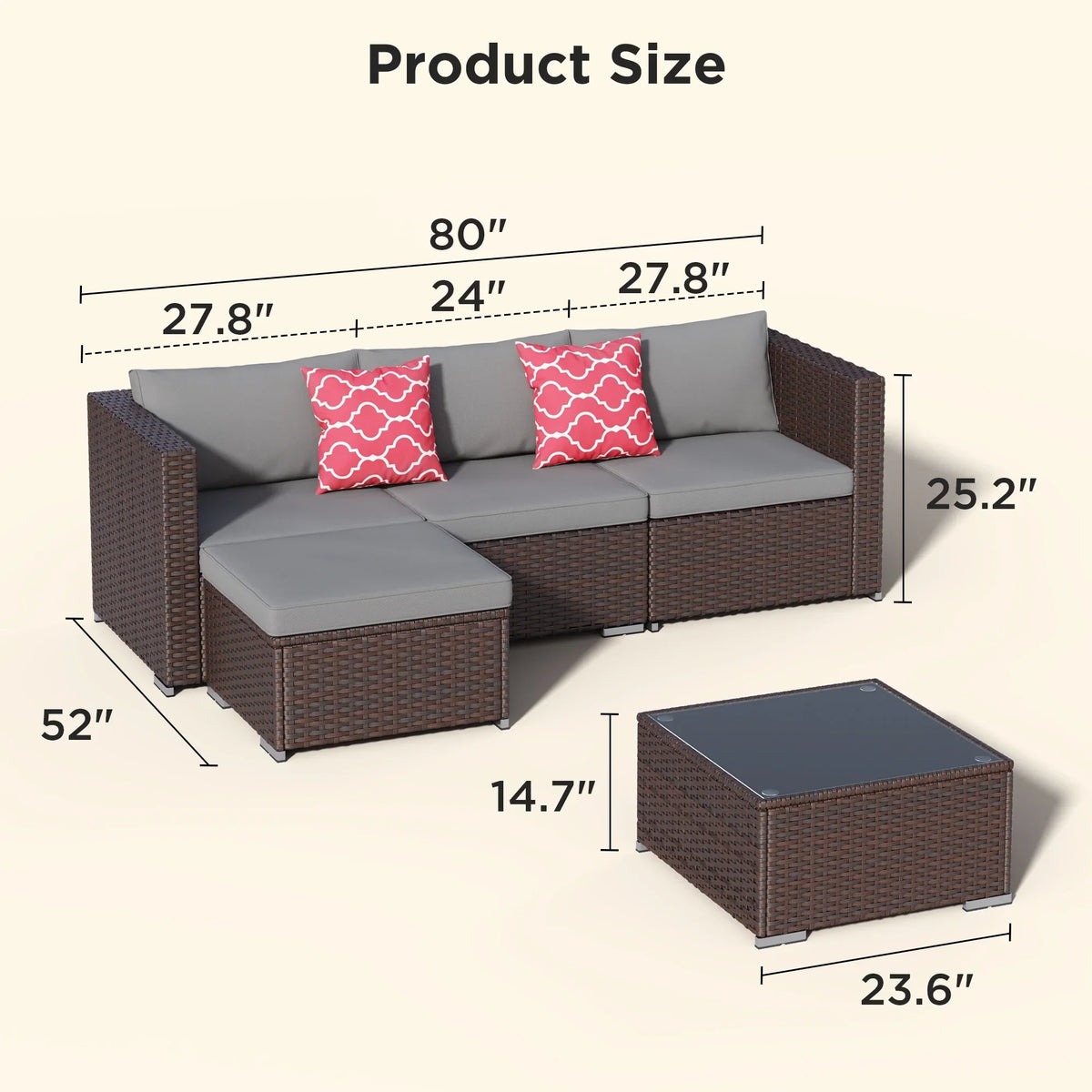 Aiho 7-Piece Rattan Patio Furniture Set , Outdoor Sectional Furniture Set for Patio, Garden, Backyard, Grey