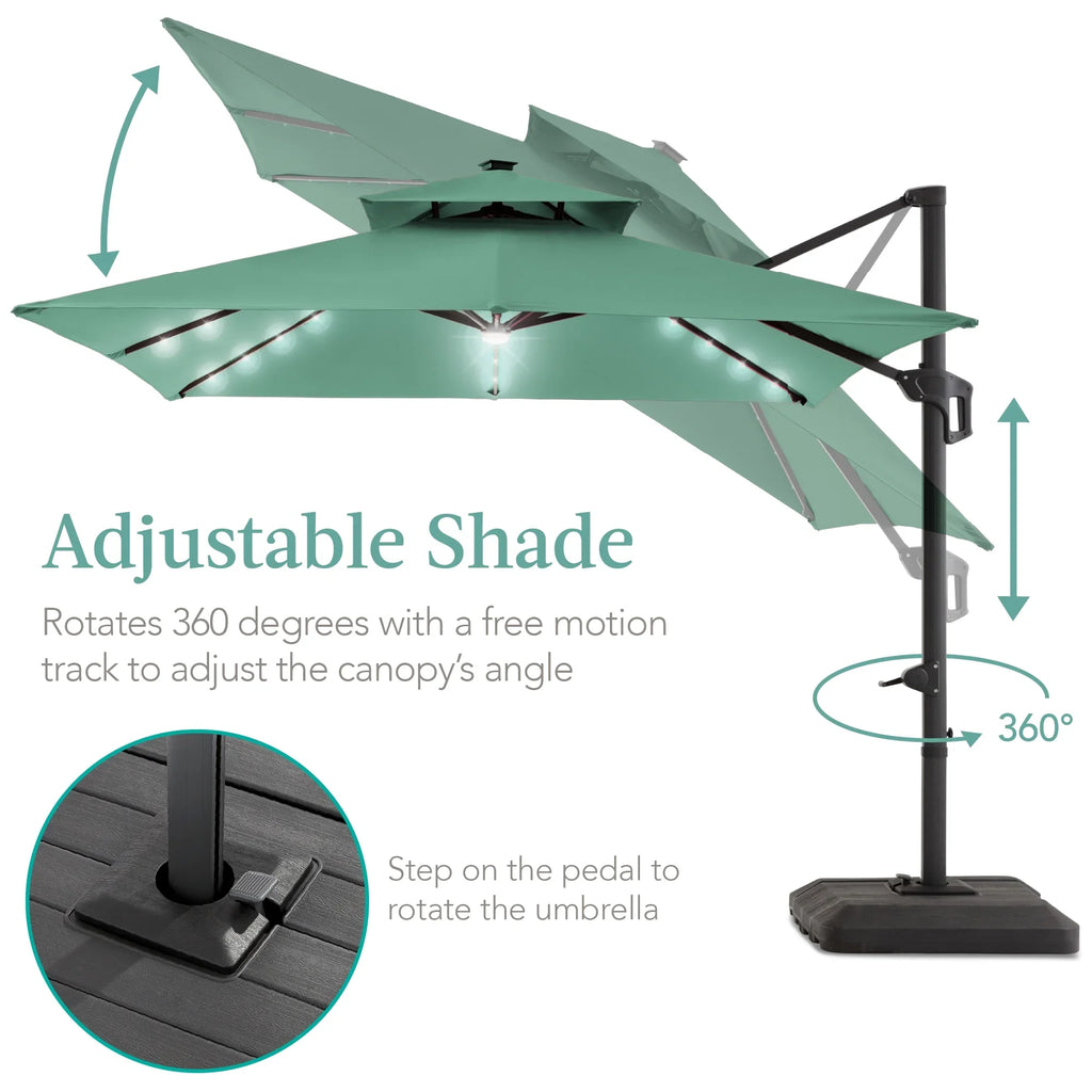 Best Choice Products 10x10ft 2-Tier Square Outdoor Solar LED Cantilever Patio Umbrella w/ Base Included - Tan