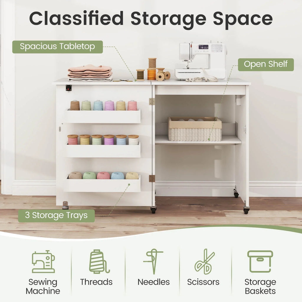 Costway Folding Sewing Table Rolling Craft Station with 3 Storage Bins & Charging Station White+natural