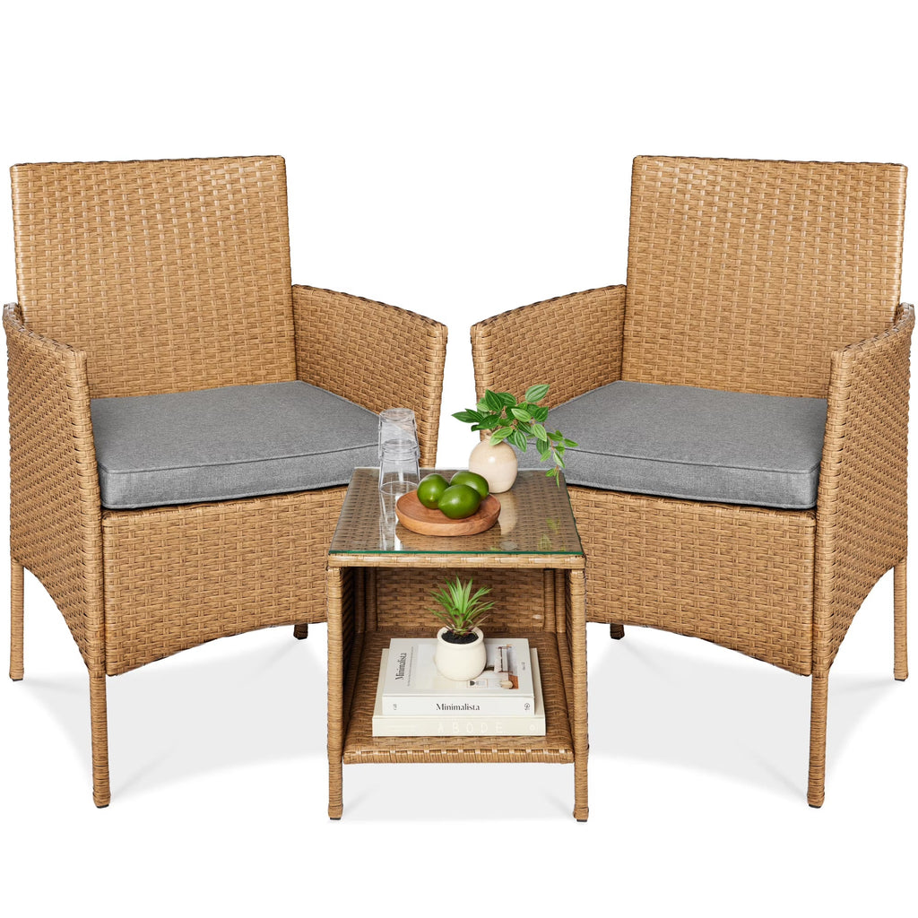 Best Choice Products 3-Piece Outdoor Wicker Conversation Patio Bistro Set, w/ 2 Chairs, Table - Gray/Navy
