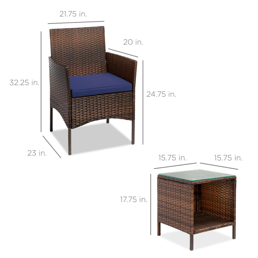 Best Choice Products 3-Piece Outdoor Wicker Conversation Patio Bistro Set, w/ 2 Chairs, Table - Gray/Navy