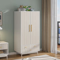 Armoire Wardrobe Closet with 2 Doors, Wardrobe Cabinet with Hanging Rod and Drawers, Wooden Closet for Bedroom, White