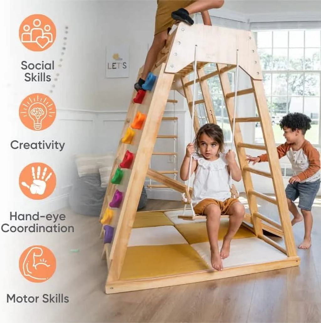 Avenlur Indoor Toddler and Child Indoor Gym Playground Climber - Real Wooden Playset 6-in-1 Slide, Rock Climb Wall, Rope Wall Climbing, Monkey Bars, Swing, Ladder Fun Gym for Children