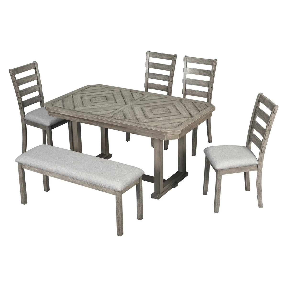 Bellemave 6-Piece Dining Table Set, Rubber Wood Rectangular Kitchen Table Set for 6, Farmhouse Dining Table Set with 4 Upholstered Chairs and Bench (Gray)