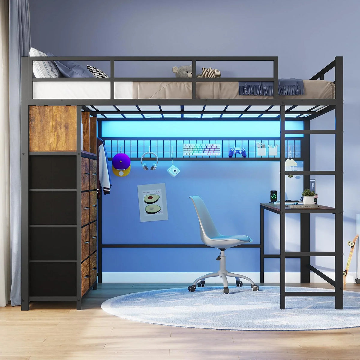 Afuhokles Twin Size Loft Bed with Desk and 8 Storage Drawers and Charging Station, Metal Loft Bed Twin with LED Lights, Storage Shelves, Black