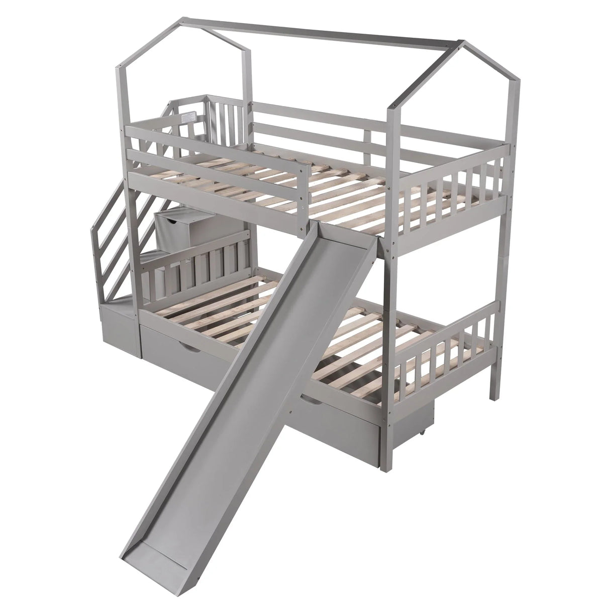 Bellemave Twin Over Twin House Bunk Bed with Slide and Stairs,Wooden Bunk Bed with Storage Drawers,Playhouse Bed for Kids,Teens(Gray)