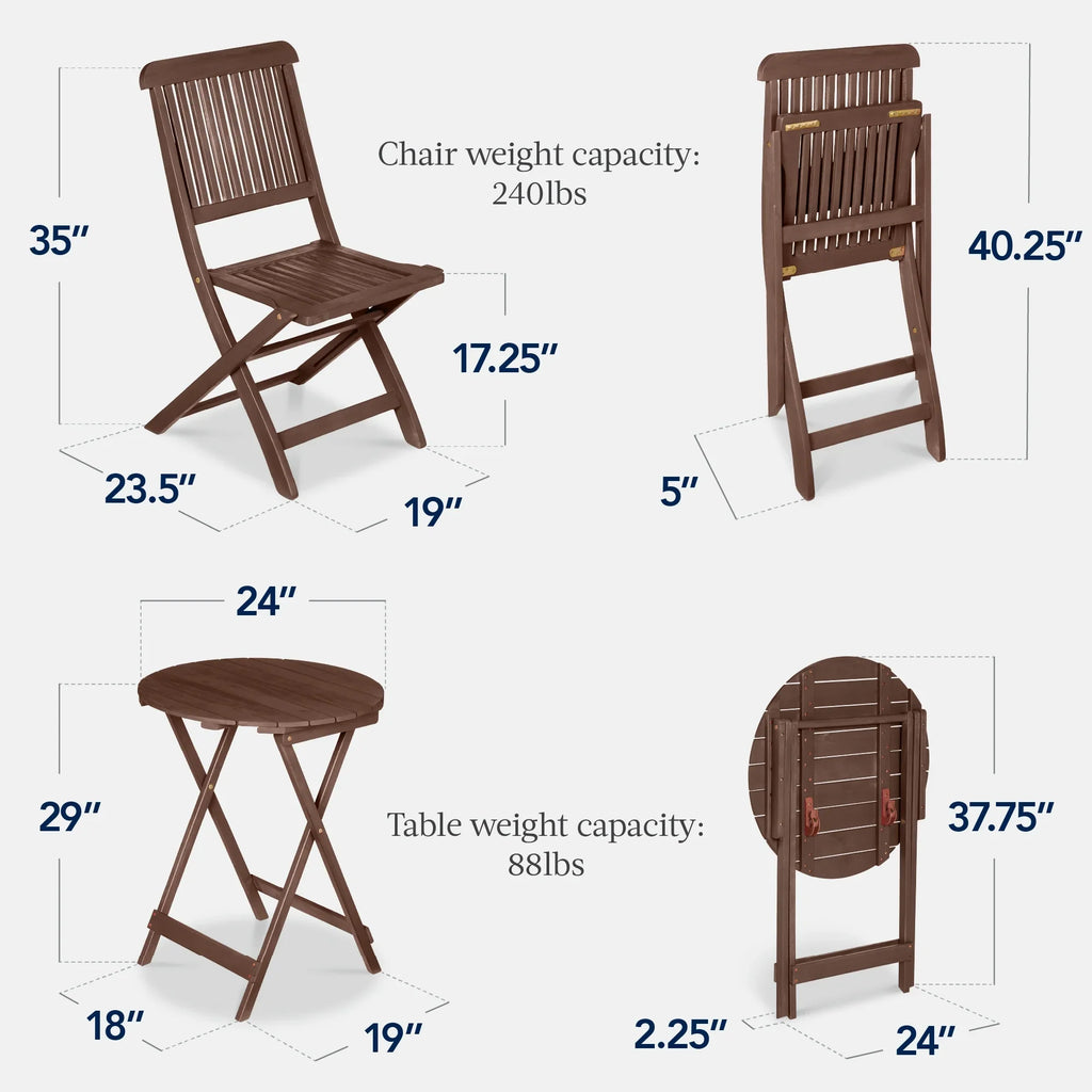 Best Choice Products 3-Piece Acacia Wood Bistro Set, Folding Patio Furniture w/ 2 Chairs, Table - Natural