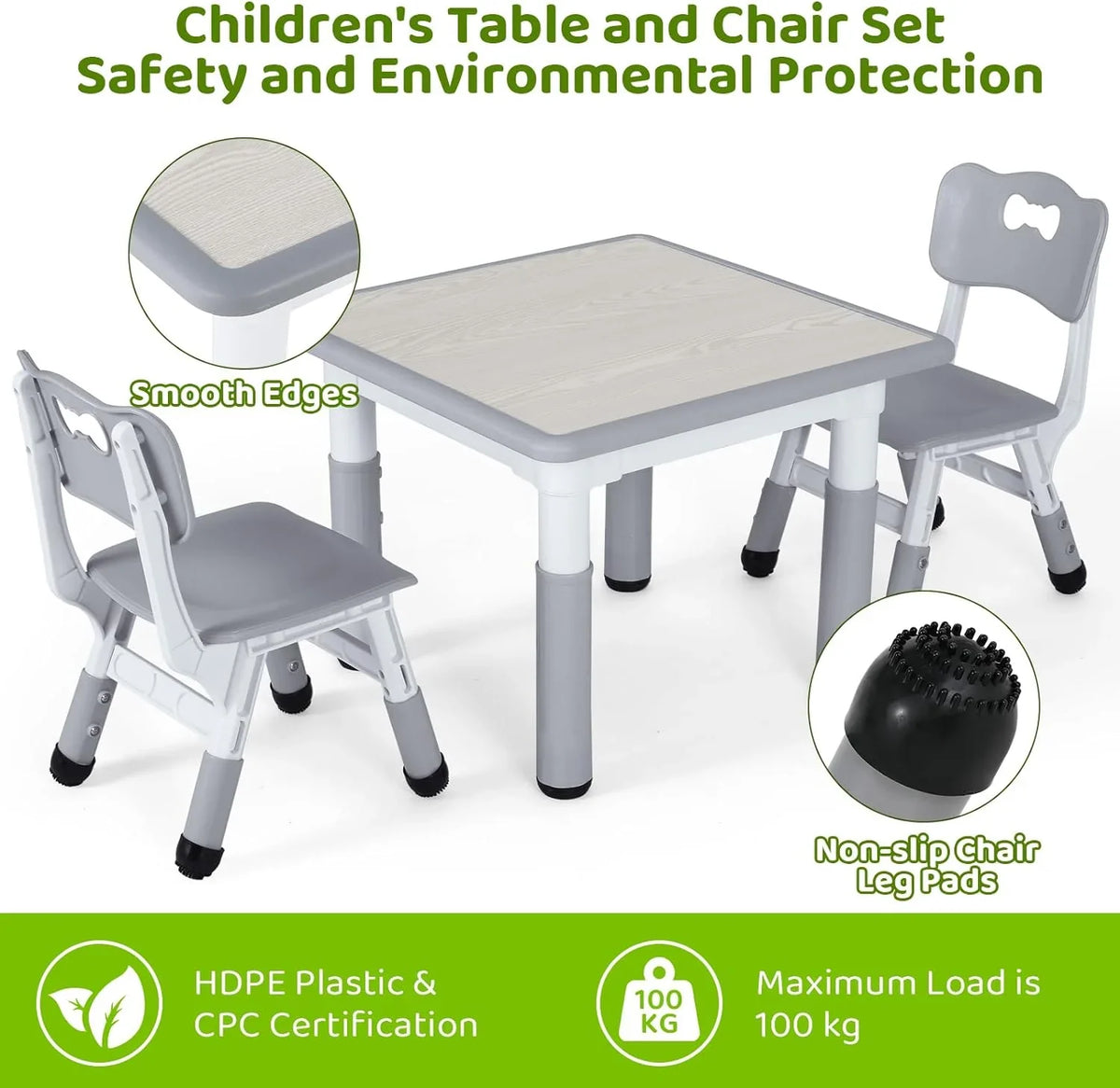 Arlopu 5 Pcs Kids Table and Chairs Set, Height Adjustable, Toddlers Activity Table & 4 Chairs Set for Study, Grey