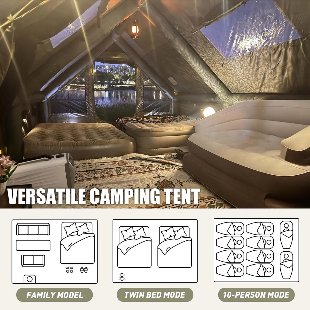 9.8' x 7' Inflatable Camping Tent,4 Season Blow up Tents for Camping, 4-6 Person Inflatable Tent with Stove Jack,Air Tents,Glamping Tent,Waterproof Luxury House with Mesh Window