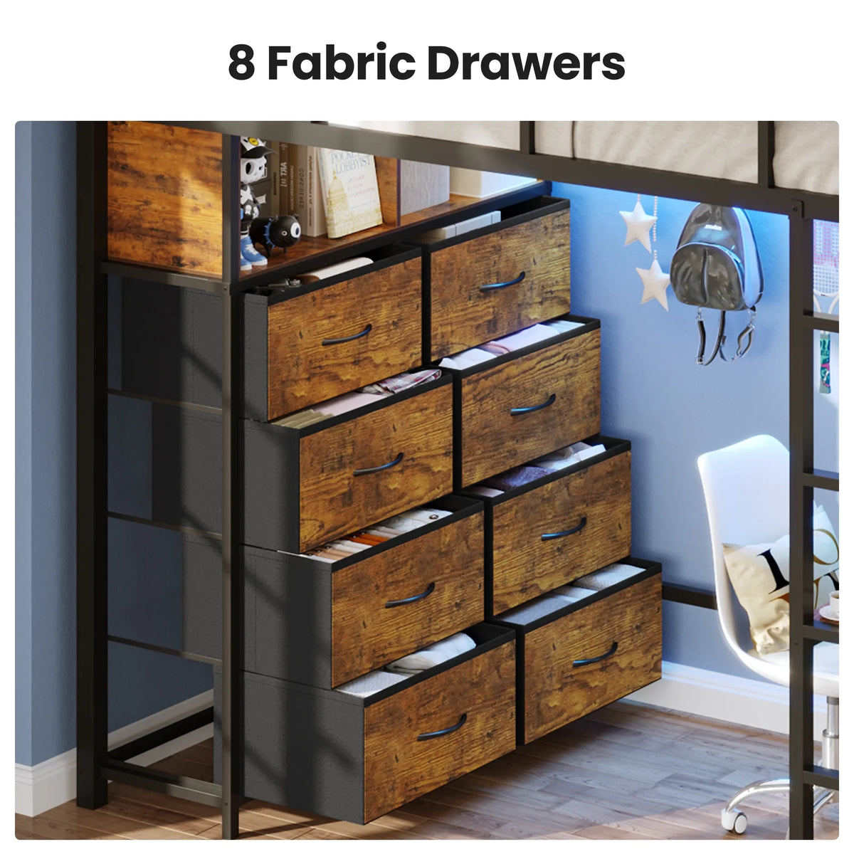 Afuhokles Twin Size Loft Bed with Desk and 8 Storage Drawers and Charging Station, Metal Loft Bed Twin with LED Lights, Storage Shelves, Black