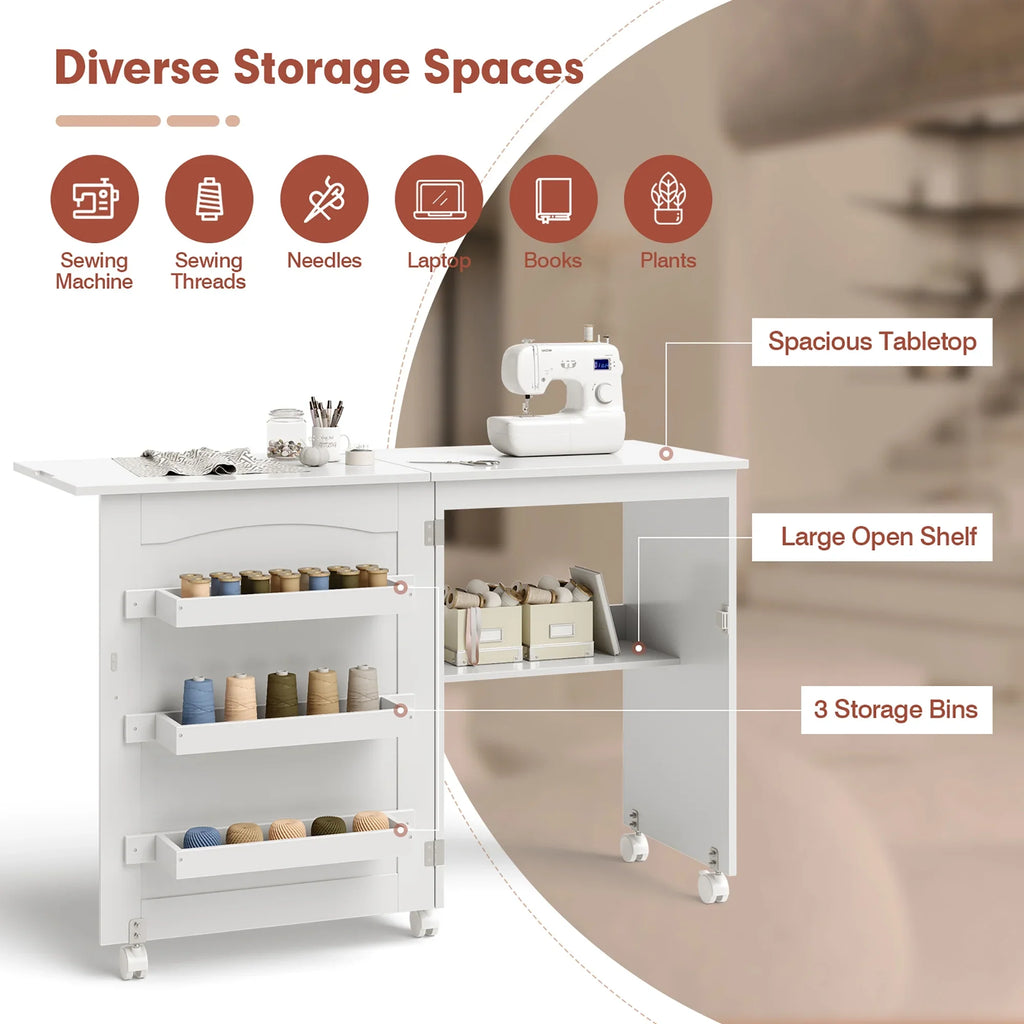 Costway Folding Sewing Table Rolling Craft Station with 3 Storage Bins & Charging Station White+natural