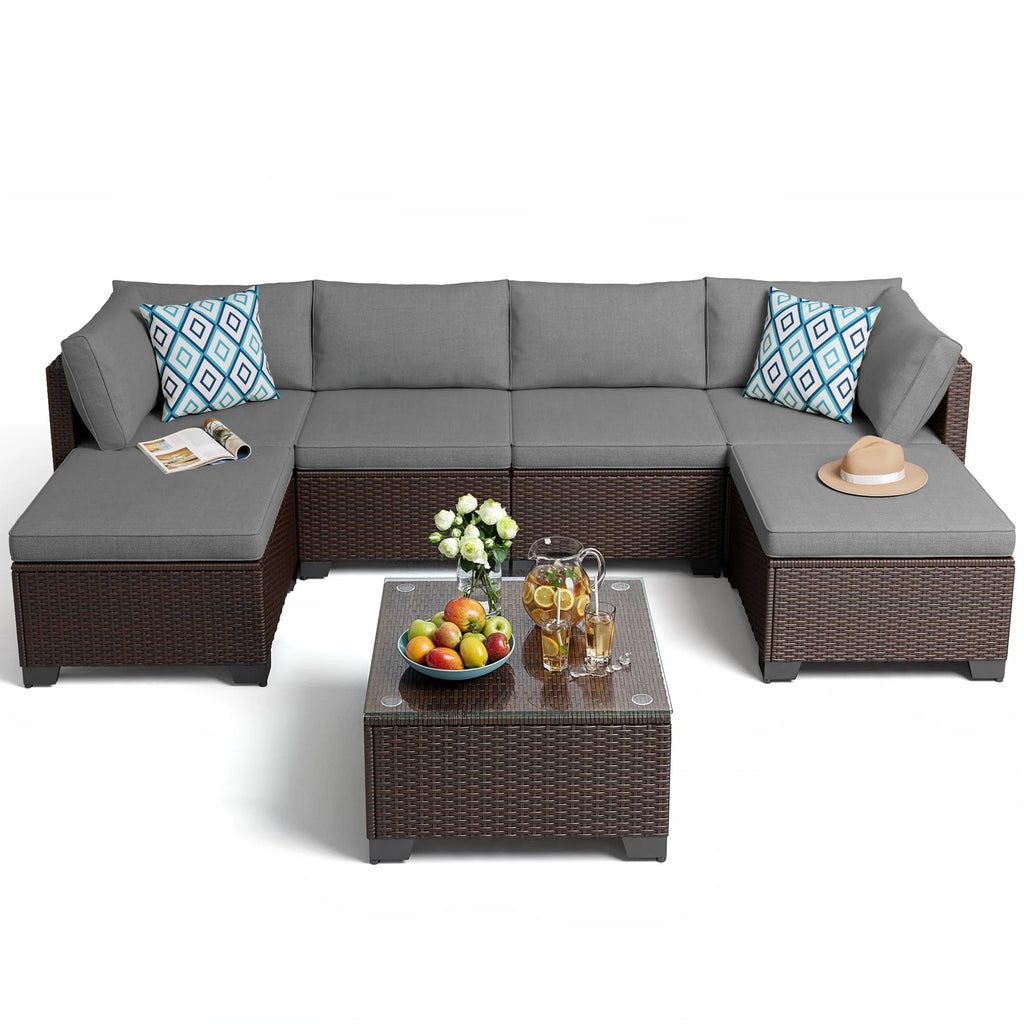 Aiho 7-Piece Rattan Patio Furniture Set , Outdoor Sectional Furniture Set for Patio, Garden, Backyard, Grey