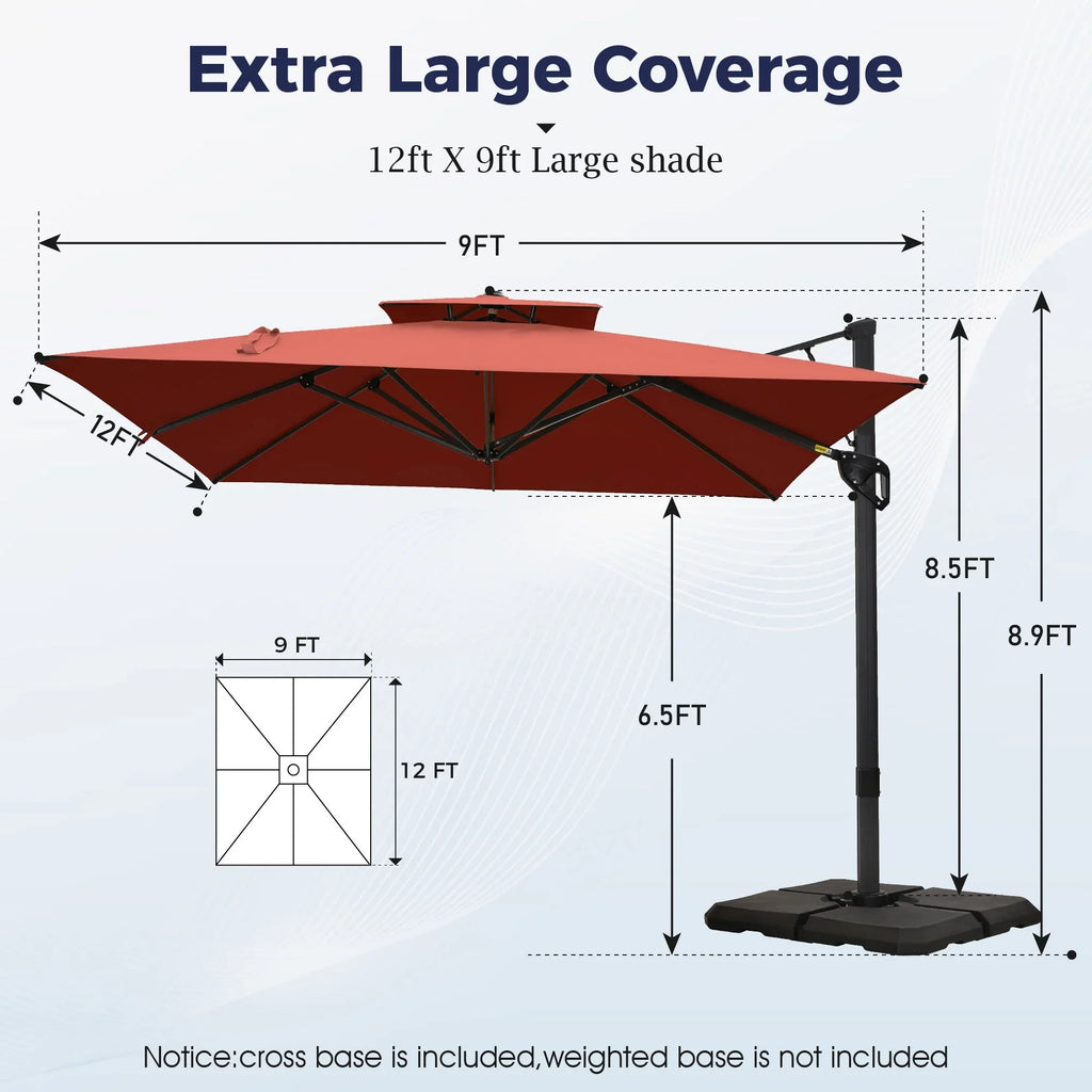 Alpha Joy 12x9ft Outdoor Patio Umbrella Large Rectangle Offset Cantilever Double Umbrella with 360°Rotation, Beige