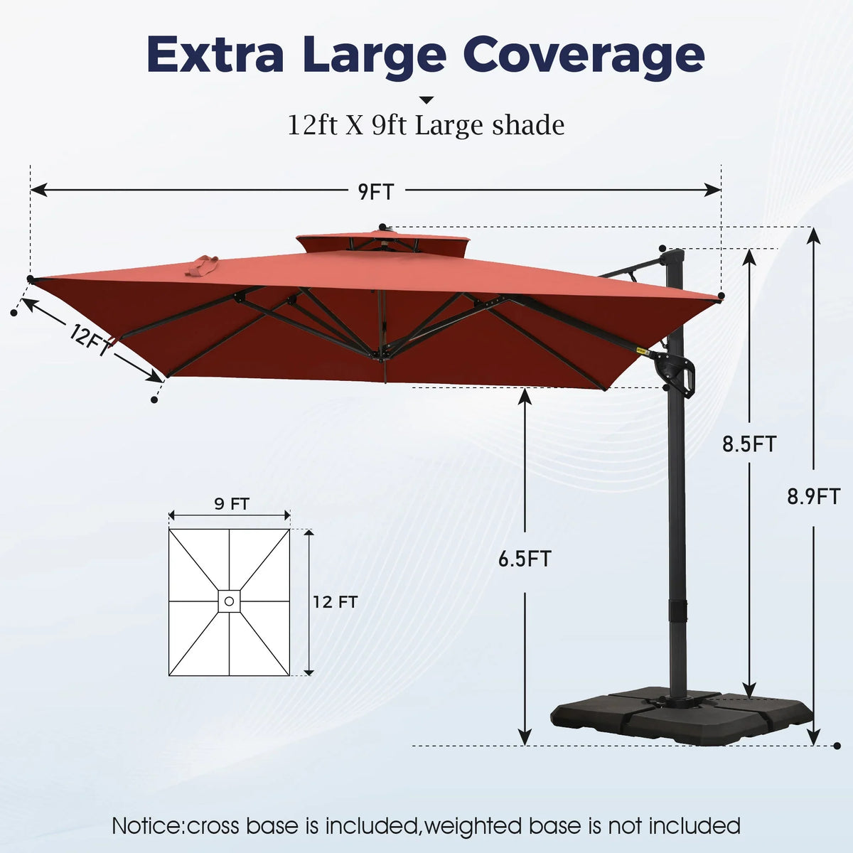 Alpha Joy 12x9ft Outdoor Patio Umbrella Large Rectangle Offset Cantilever Double Umbrella with 360°Rotation, Beige