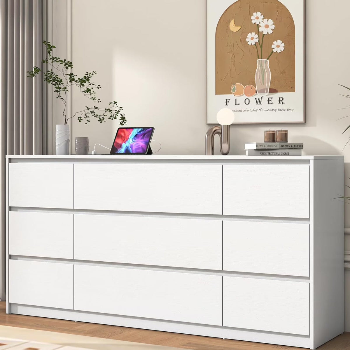 ChVans Black 9 Drawers Dresser with Charging Station, 63" Long Modern Dresser with 9 Drawers for Bedroom, Large Wood Chest of Drawers Handle Free, Dresser for Bedroom, Living Room, Hallway