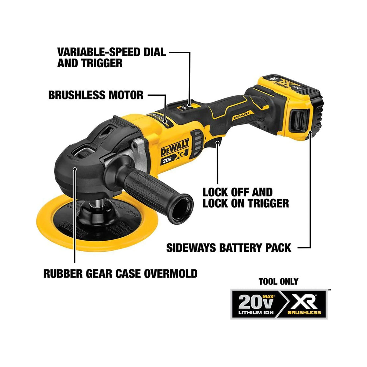 DEWALT 20V MAX* XR Cordless Polisher, Rotary, Variable Speed, 7-Inch, 180 mm, Tool Only (DCM849B) C30