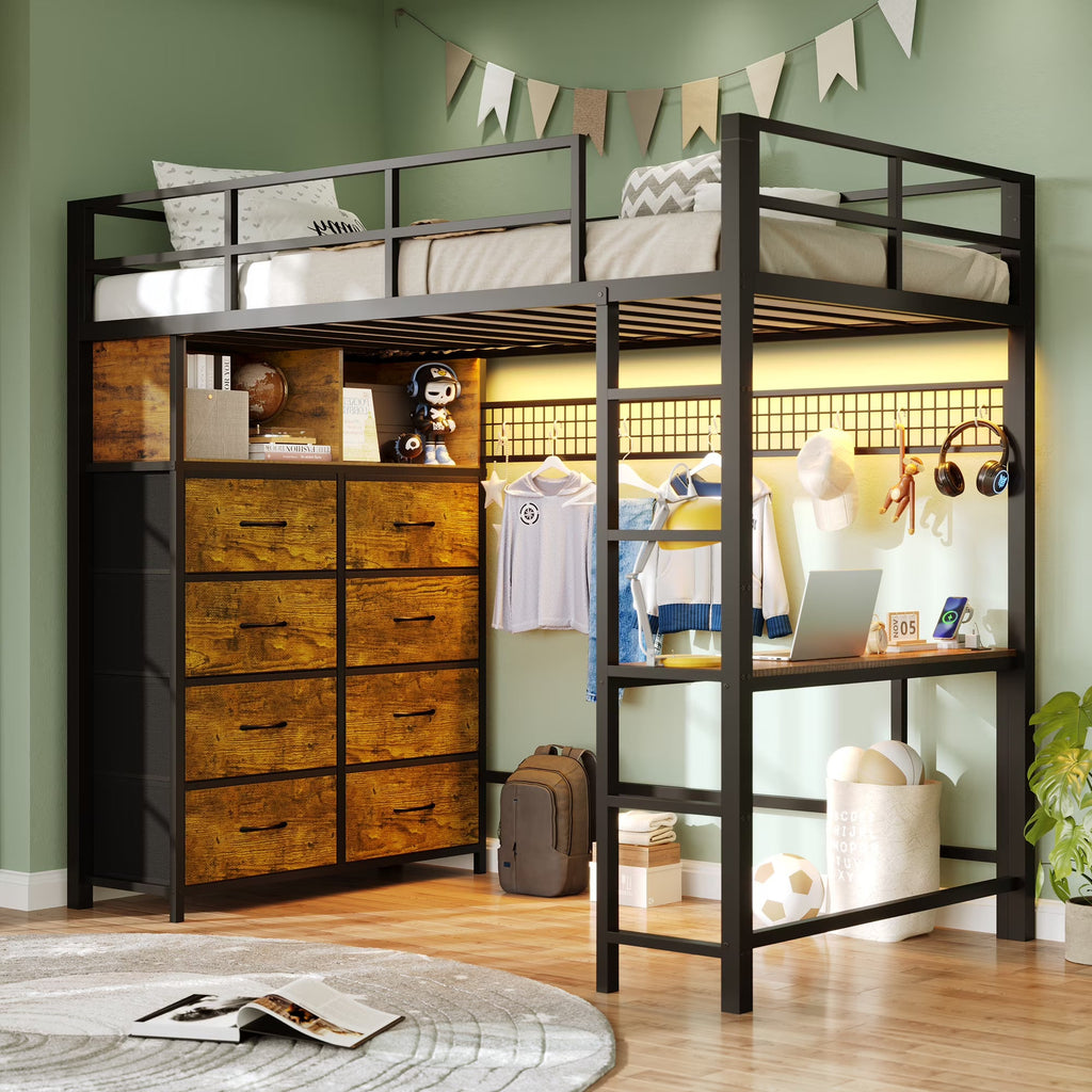 Afuhokles Twin Size Loft Bed with Desk and 8 Storage Drawers and Charging Station, Metal Loft Bed Twin with LED Lights, Storage Shelves, Black