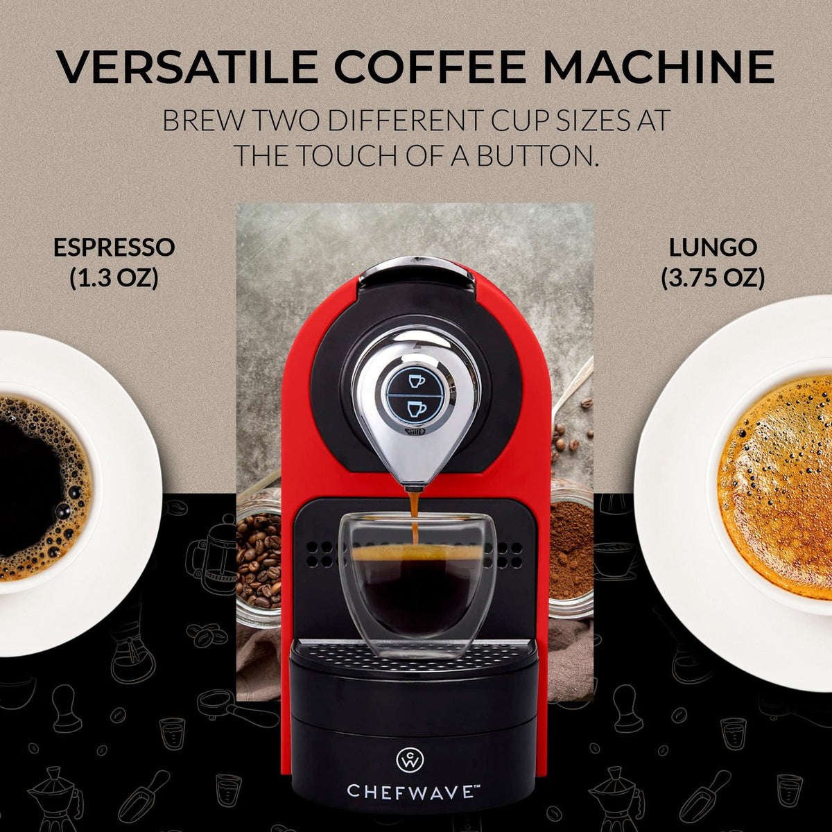 ChefWave Espresso Machine for use with Nespresso Capsules (Red), Holder and Cups