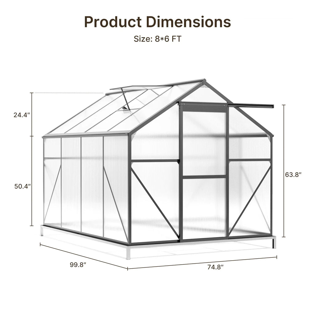 Asofer 6' x 4' Greenhouse for Outdoors, Aluminum Walk-in Green Houses shed with Rain Gutter and Roof Vent for Backyard